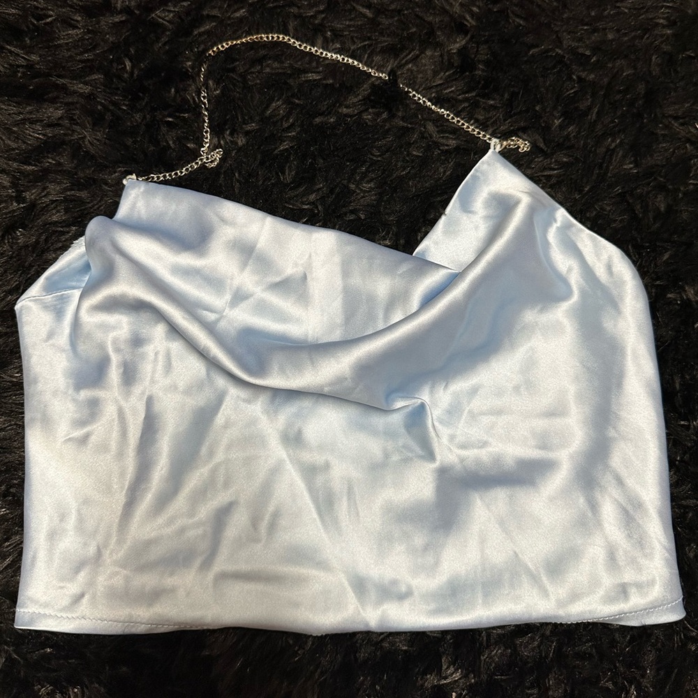 blue satin cowl neck top